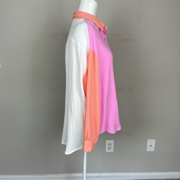 ENTRO COLOR BLOCK BUTTON UP COLLARED COTTON GAUZY TOP SIZE SMALL - Picture 10 of 15